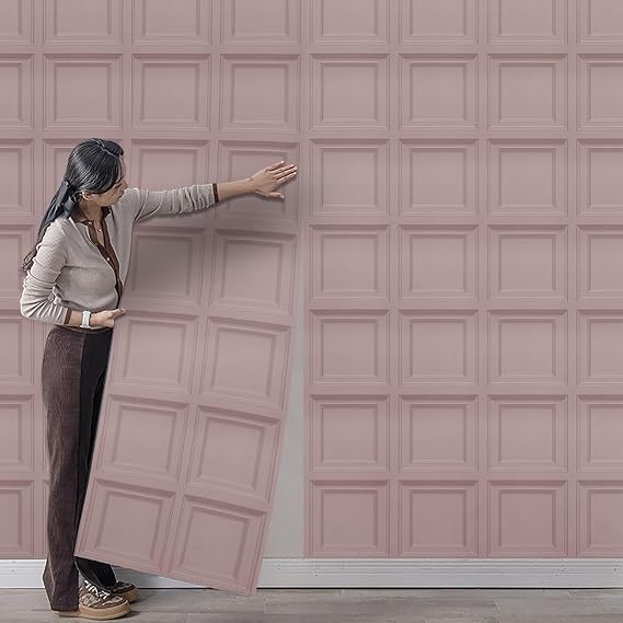 Pink Panel Wallpaper 3D Effect Textured Wood Panel Wallpaper Square Panelled Wallcovering for Living Room Bedroom Feature Wall
