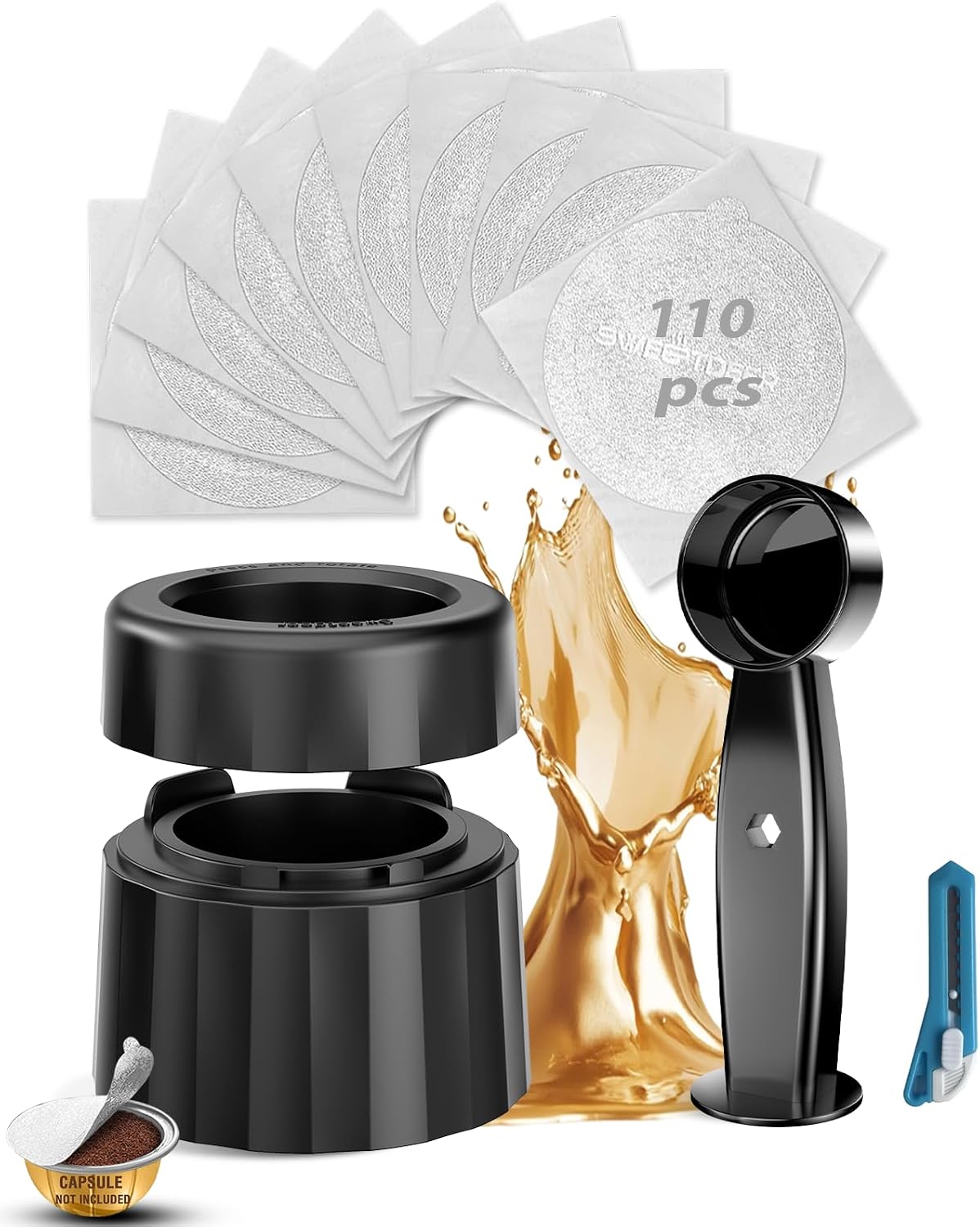Reusable & Refillable Pods Kit for Nespresso Vertuo–110 Refill Aluminum Foil Lids, Compatible with Nespresso Vertuo & Vertuoline Machines, Coffee Capsules Kit with Lid Cutter, Holder & Scoop
