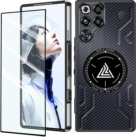 Red Magic 11 Pro Case + 1 Tempered Glass Cooling Phone Case Drop Proof Shock Absorption Abrasion Resistant Shockproof Protective Case Cover for Red Magic 11 Pro+ Carbon Fiber Black