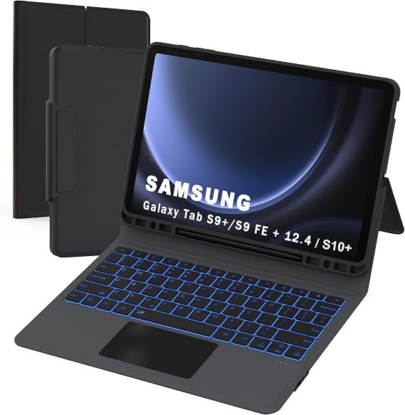 for Samsung Galaxy Tab S9 FE+ / S9 Plus /S10+ 12.4 inch Keyboard Case - Folio Combo Smart Tablet Cover with Trackpad - 7 Color Backlit Keyboard Case for Galaxy Tab S10+/ S9+/ S9 FE Plus 12.4" Black