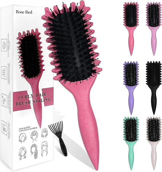 Sularpek Curly Hair Brush - Boar Bristle Curl Defining Styling Brush for Detangling, Shaping, and Defining Curls - Rose Red