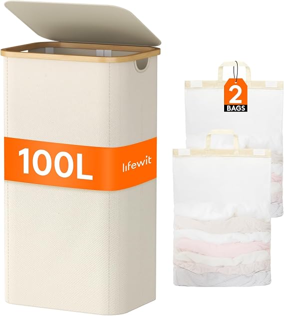 Lifewit 100L Laundry Basket with Lid 2 Compartments, Large Washing Basket with Removable Laundry Bags and Bamboo Handles, Clothes Hampers for Laundry, Bathroom, Bedroom, Dorm, Cream White