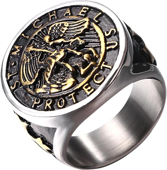 Flongo Saint Michael Ring for Men: Religious San Miguel Arcangel Medalla Ring Gothic Sliver Ring Amulet Jewellery Gift
