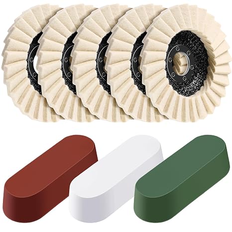 8 Pcs Wool Polishing Wheel Disc and Polishing Compounds Set Includes 5 Thicken Arbor Buffing Wheel 3 Buffing Compound 4 1/2 x 7/8 Inch Felt Flap Disc for Angle Grinder, Multi Surface