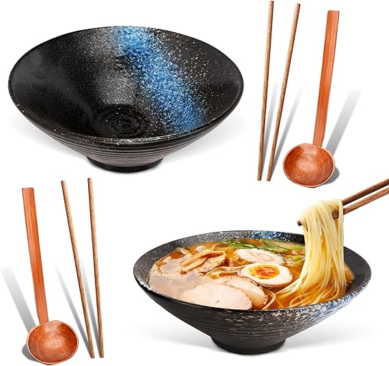 Ramen Ceramic Bowl 2 Sets Ramen Bowl with Spoon and Chopsticks 1000 ml Ramen Bowl Japanese Soup Bowls Mixing Bowls for Pasta Cereals Salads Japanese Tableware