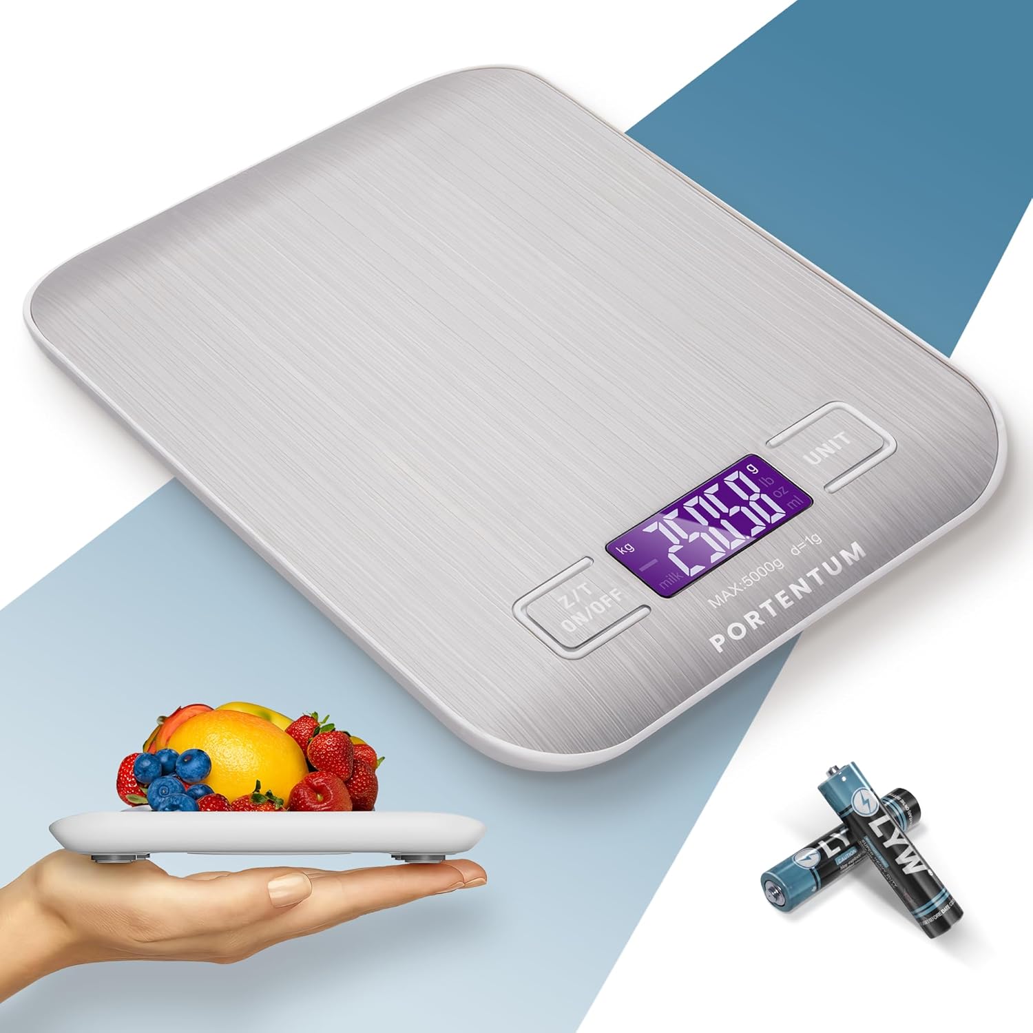 PORTENTUM Digital Kitchen Scales 5kg11lb with Large LCD Display, Food Scales with Large Stainless Steel Weighing Surface, Liquid Measurement, High Precision up to 1 g, Tare Function, Silver