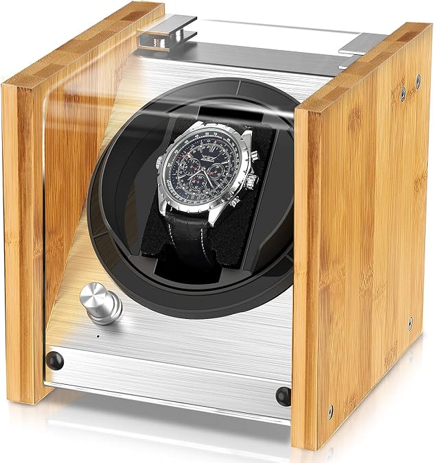 Watch Winder Smith Bamboo Single/Dual Watch Winder for Automatic Watches | Bamboo Craft / 12-O'Clock Alignment / Fits 26-56mm / 4 TPD Modes / Quiet Japanese Motor / Anti-Magnetic / 3 Cushions Included