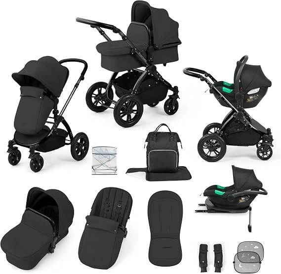 (Black/Charcoal/Black) | All-Terrain Pram, Reversible Seat, UPF 50+ Hood, Rain Cover & Accessories including I-Size Car Seat & Isofix Base