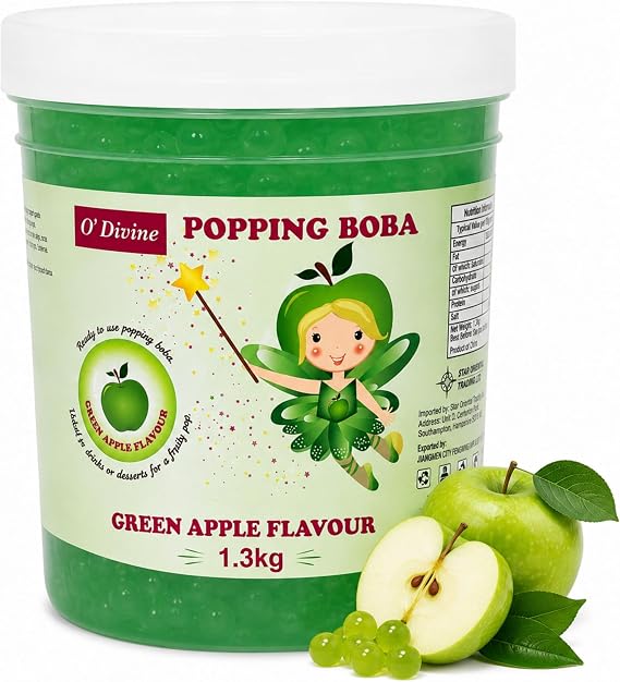 O'Divine Popping Boba 1.3kg Green Apple Flavour – Ready to Use Fruit Popping Pearls for Bubble Tea, Drinks, Desserts & Cocktails