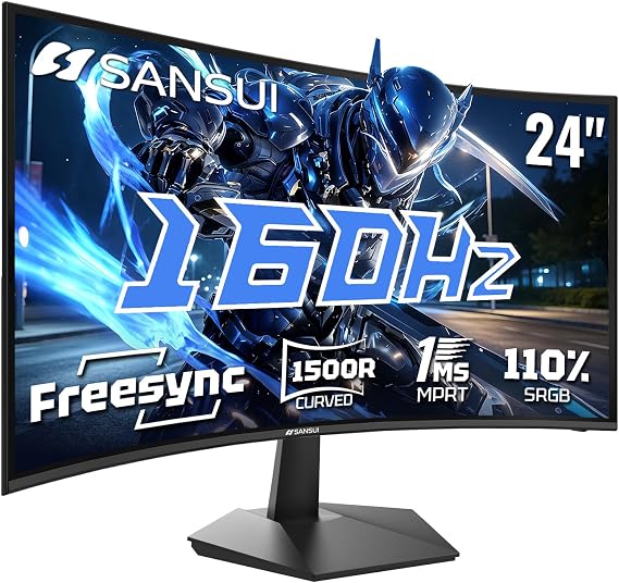 SANSUI 24 Inch Curved 160Hz Gaming Monitor,1500R Curved Gaming Monitor | FHD 1080P Computer Monitor,MPRT 1ms Fast VA, Freesync,HDR,3000:1, HDMI2.0,DP1.4, VESA Supp.(ES-G24C1L HDMI Cable Incl.)