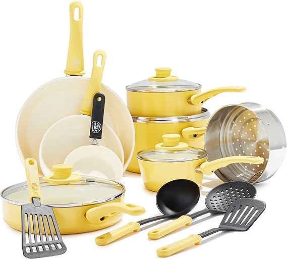 GreenLife 16 Piece Ceramic Nonstick Pots & Pans Cookware Set, Yellow | PFAS-Free Nonstick Coating, Stockpot, Frying Pans, Saucepans, Saute Pan, Stay-Cool Handles, Dishwasher & Oven Safe up to 350F
