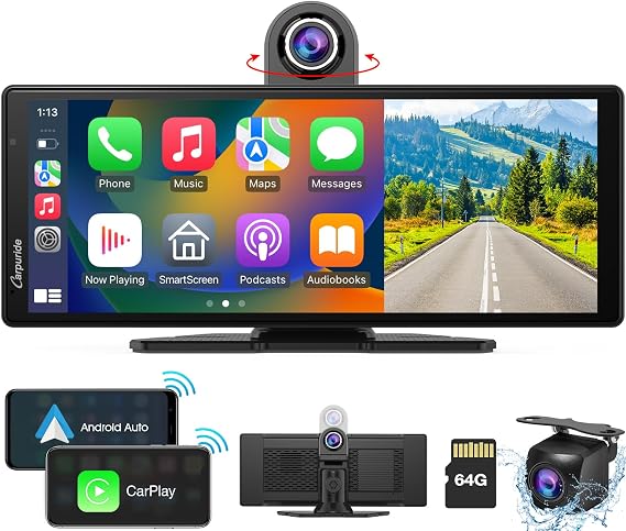 2024 Newest Carpuride W903 Wireless Carplay Android Auto Car Stereo with 4K Dash Cam, Backup Camera,Portable 9.3 Inch IPS Touch Screen,Car Radio Receiver with Mirror,Bluetooth,Drive Navigation