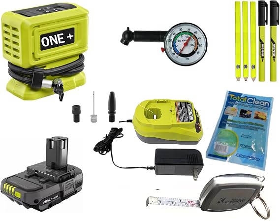 Ryobi18-Volt ONE + PCL001B High Pressure Cordless Digital Power Inflator Kit with 2.0 Ah Lithium-Ion Battery and Charger + Bonus Accessory Bundle KIT