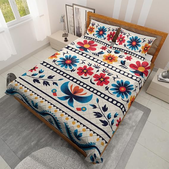 Quilted Bedding Set | Bright Colorful Floral Comforters | Vibrant Mexican Bedspreads with Matching Pillowcase 60x70