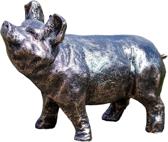 Darthome Bronze Effect Curious Pig Garden Ornament, Resin, Black Bronze, Farmyard Animal Statue, W36cm x H24cm x D15cm