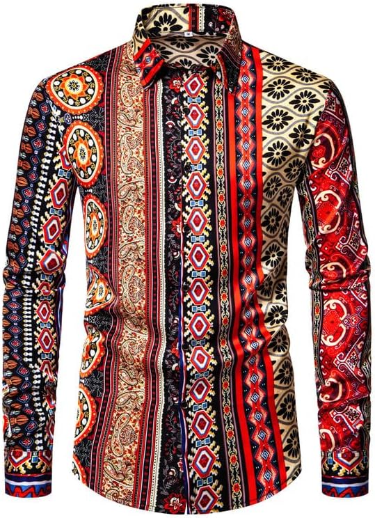 Men's Floral Dress Shirt Luxury Baroque Print Casual Long Sleeve Button Down Buchona Shirt for Parties