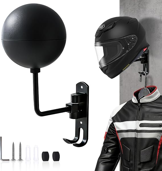 180° Motorcycle Helmet Rack Wall Mounted Rotatable Helmet Stand with 2 Hooks for Hard hat Handbag Coats Caps