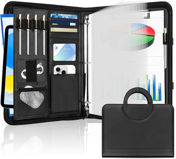 Portfolio Binder Organizer, 3 Ring Padfolio Binder with Notepad, Resume Portfolio Folder with Pockets Protective 11 Inch Tablet Sleeve, Documents, Resume, Cards, Passport & Tickets