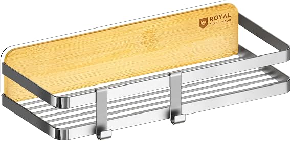 ROYAL CRAFT WOOD Bamboo and Stainless Steel Shower Caddy: Rustproof, Adhesive, No-Drill Installation 1-Pack