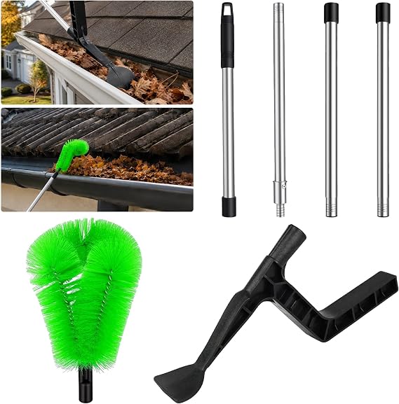 Gutter Cleaning Tools from the Ground, 2-in-1 Adjustable Roofing Tool Multi-Functional, Telescopic Extendable Pole with Brush and Scoop, for Roof Gutters Leaves