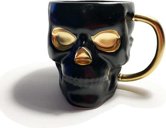 Black Grinning Skull Ghost Large 20 oz Porcelain Ceramic Mug Coffee Cup Novelty Drinkware 3-D Shaped features Skull Sculpting and Hand-painted Gold Trim