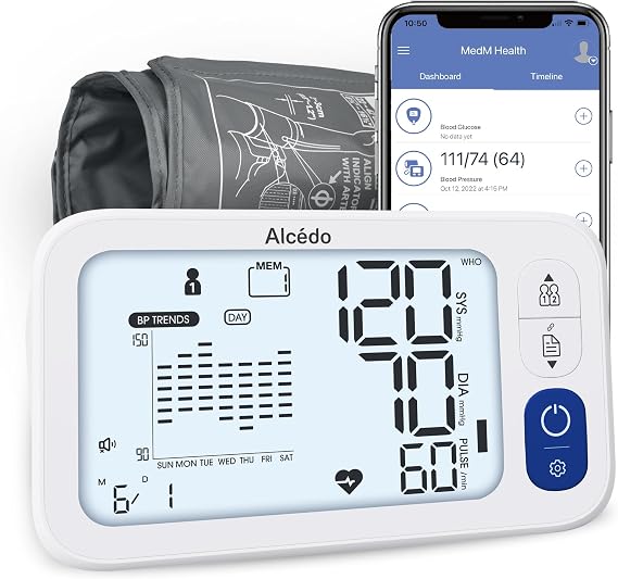 Alcedo Bluetooth Blood Pressure Monitor, Smart Upper Arm BP Machine | App Sync, CSV Export, 5.7" Backlit Screen, Talking, 7-Day Trend, 250 Memory Each, Large Cuff