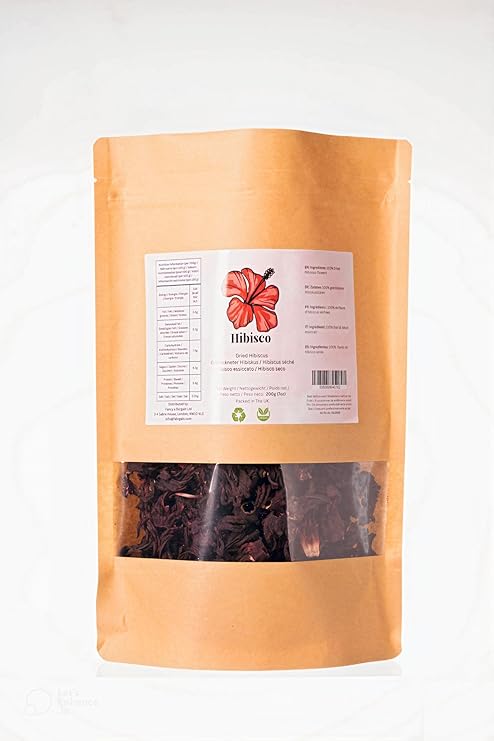 Hibiscus Tea Loose Leaf - 100% Pure Dried Hibiscus Flower, Natural Herbal Infusion, Caffeine-Free, Rich in Antioxidants, Eco-Friendly Kraft Pouch, Resealable, 200g (7 oz), Packed in UK