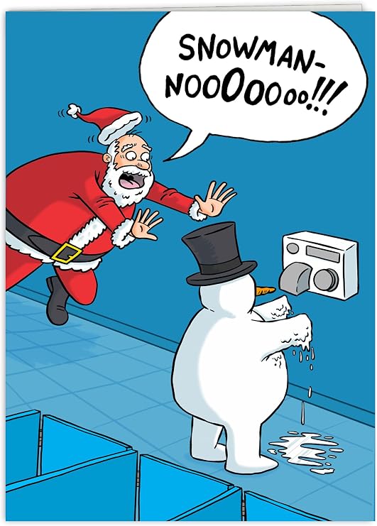 Funny Cartoon Christmas Card for Women, Men, Coworkers, Friends & Family - Santa Yells "No!" as Snowman uses Hand Dryer