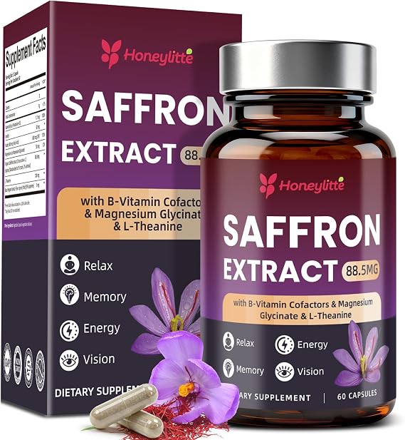 Organic Saffron Capsules - 88.5mg Standardized Saffron Extract with L-Theanine & Folate - Non-GMO 60 Vegan Capsules