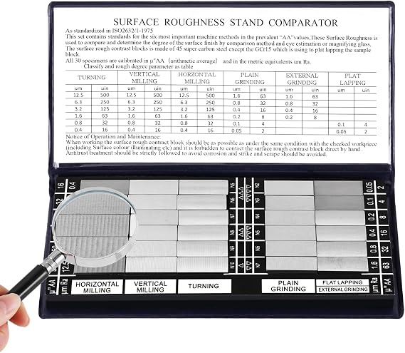 YUCHENGTECH Surface Roughness Standards Set 30Pcs Surface Roughness Comparators with 5X Magnifying Glass Surface Finish Comparator Ra0.05-12.5mm for Lathe Machinery Manufactur Teach