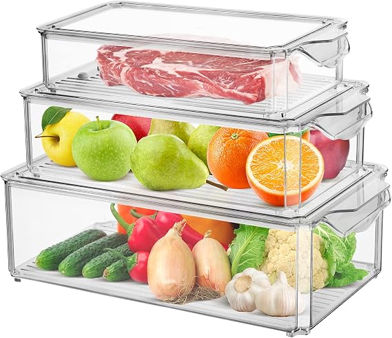 Fridge Organisers Bins Set of 3, Stackable Clear Fridge Storage Containers with Lids, Plastic Refrigerator Storage Box for Kitchen Pantry Freezer Cupboards