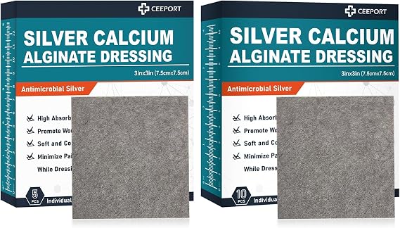 Ceeport Silver Calcium Alginate Wound Dressing (3'' x 3'' 5 Pack + 3'' x 3'' 10 Pack), Highly Absorbent Dressing Gauze, Soft and Comfortable Silver Dressing for Wound Care, Non Stick Pads for Wounds