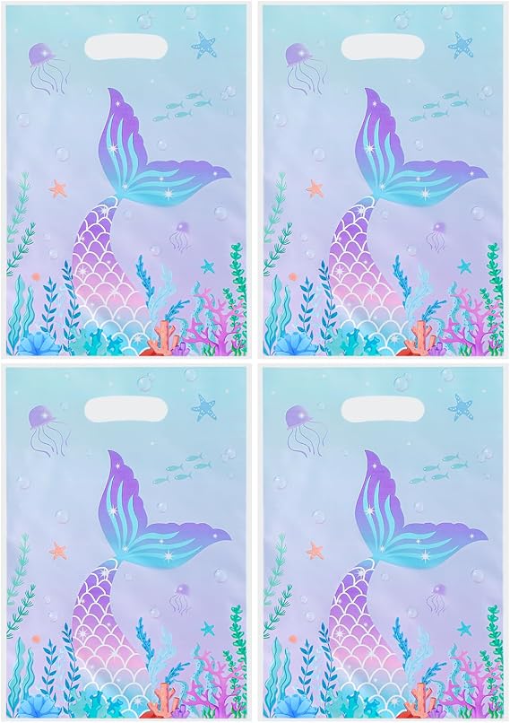 Agaommio 40PCS Mermaid Goodie Bags Party Favor Bags for Kids Girls Birthday,Christmas Gift Bag, Under the Sea, Plastic Gift Bag, Mermaid Tail Treat Bag with Handles 6.3"x 9.45"