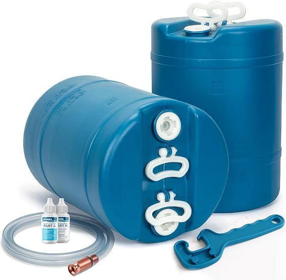 Legacy Food Storage 2 Pack Emergency Water Storage Containers, 15 Gallon Water Tanks, BPA-Free Food Grade Plastic, with Siphon Hose & Wrench, for Camping, Prepping, Survival (15.7" D x 21.5" H)