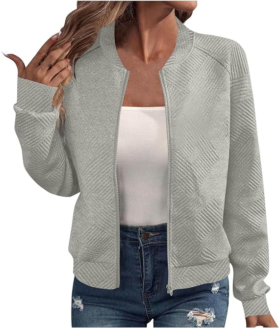 Women Casual Varsity Jacket Textured Plus Size Bomber Jacket Lightweight Stand Collar Zipper Coat Fall Outerwear