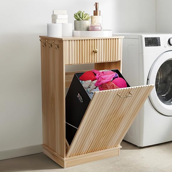 Tilt Out Laundry Hamper Cabinet - Free Standing Laundry Cabinet and Storage w/Side Hooks - Versatile Tilt Out Trash Can Furniture, Bathroom Hamper with Storage for Living Room Kitchen & More