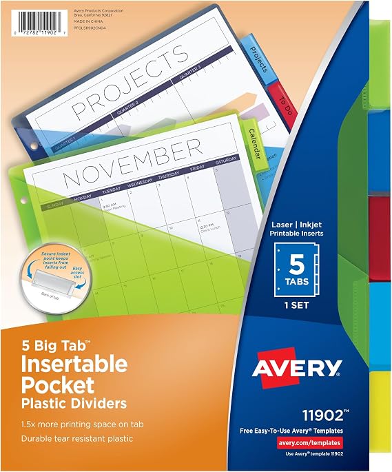 Avery Big Tab Insertable Plastic Dividers, 5-Tab, Multicolor, 1 Set | For Organizing School and Office Binders, Extends Beyond Sheet Protectors, Includes Pocket Per Divider, Printable Inserts