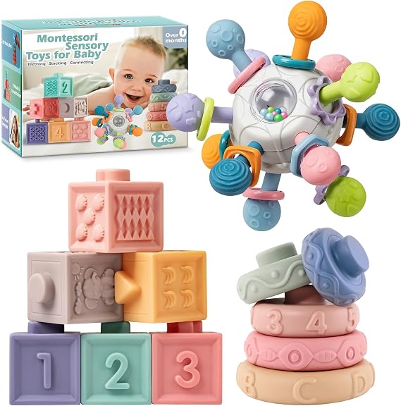 SpringFlower 3 in 1 Montessori Toys for Babies 0-3-6-12 Months, Rattle Teether & Baby Blocks & Soft Stacking Rings, Sensory Developmental Education Toys,Gift for Toddler Baby 0-3-6-12-18 Months