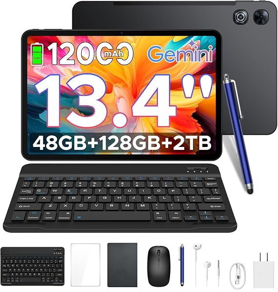 P13 Tablet,13.4 Inch 2.4K 120Hz Android 16 Tablet with Gemini AI, 48GB RAM 128GB ROM, 12000mAh Battery,Widevine L1,13MP + 8MP Camera, Dual Speakers, Tablet with Keyboard, Pen-Case Black