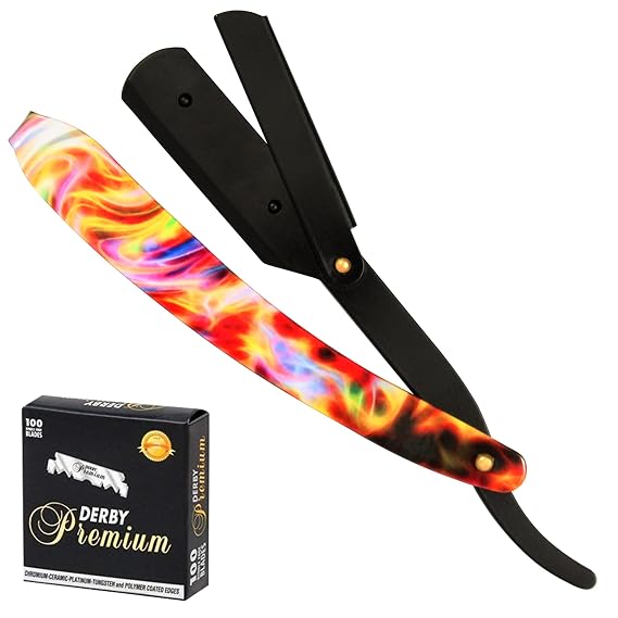 Professional Straight Edge Razor for Men with 100-Pack Replaceable Derby Blades Barber Single Blade Shaving Razor -navajas para barbero (Black Multi)