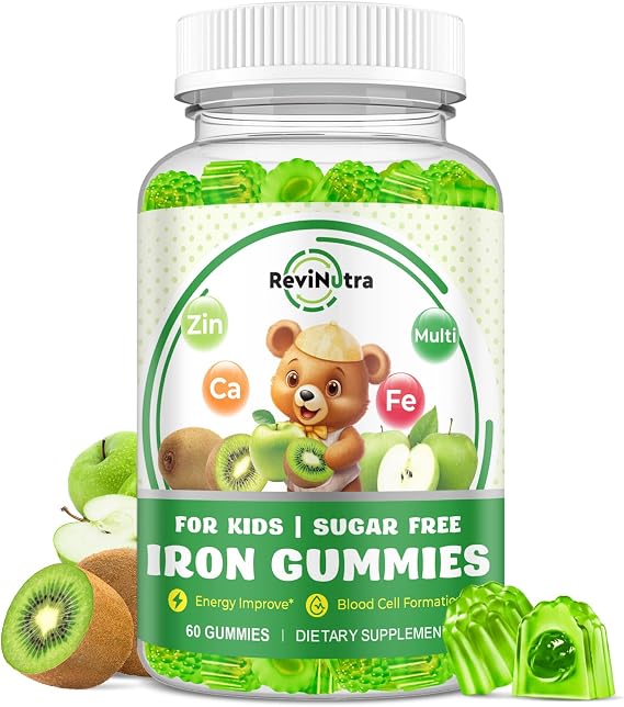 Iron Supplement Gummies for Kids - with Calcium, Zinc, Kids Multivitamin with Iron Gummies - Immune Support, Blood Builder & Energy Support for Iron Deficiency, Anemia, Apple & Kiwi Flavor, 60 Count