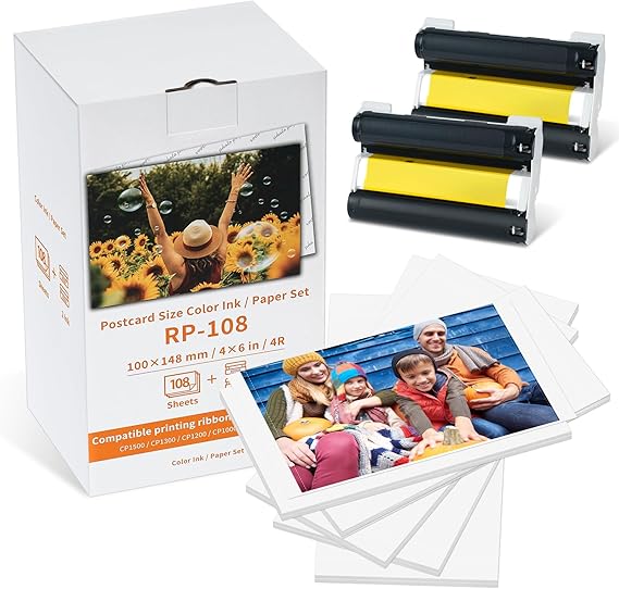 Replacement for Canon Selphy CP1500 RP-108IN Ink and Photo Paper Set for Selphy CP1500 CP1300 Printer 2 Color Ink Cassette /108 Sheet Paper 100 x 148mm