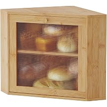 kiplant Bamboo Corner Bread Box for Kitchen Countertop - Wavy Acrylic Door, Adjustable 2-Layer Bread Storage Container, Large Bread Holder