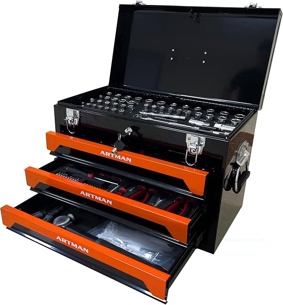 Tool Box with Tool Set 3 Drawers Metal Toolbox Portable Tool Chest Organizer with Ball-Bearing Drawer Slides for Garage Workshop Black+Orange