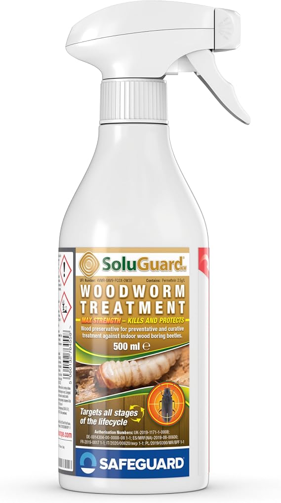 SAFEGUARD Soluguard Woodworm Treatment - Insects, Ready For Use High Strength Woodworm Killer Spray (500ml, Pale Yellow Liquid)