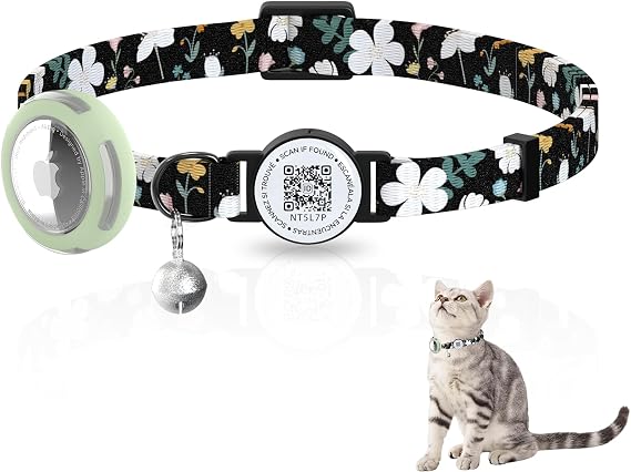 Cat Collar with Airtag Holder, Breakaway Design, Bells, QR Code Tag, Luminous Air Tag Holder,Lightweight & Adjustable (Black)