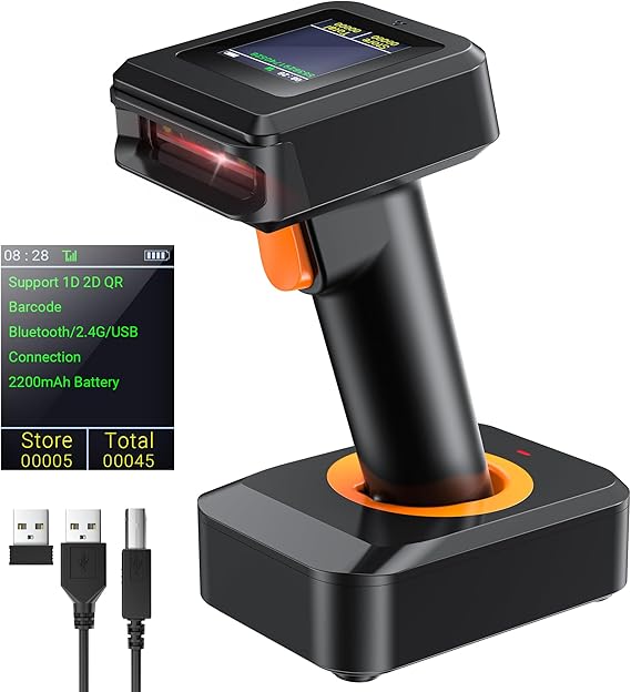 Tera Pro 1D 2D QR Wireless Barcode Scanner with Display Screen Battery Level Indicator Time Display Works with Bluetooth with Charging Cradle Base for Warehouse Supermarket Library HW0006 Pro