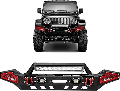Front Bumper for Wrangler, AAIWA Compatible with 07-18 Wrangler JK and JK Unlimited, Built-in 144W LED Light Bar w 5 LED lights&2 D-Rings, Textured Black