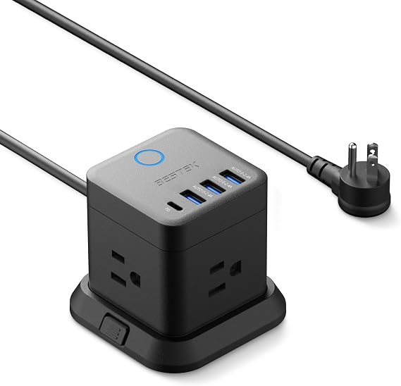 BESTEK PD20W Power Strip Tower with USB, Vertical Cube Mountable Power Outlet Extender with 3 Outlets, 3 USB-A & 1 USB-C Ports, 5-Foot Extension Cord and Detachable Base for Easy Mounting (Black)