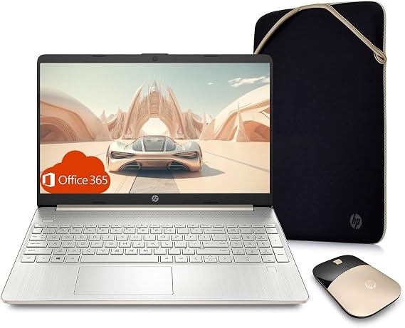 HP 15.6" Everyday Laptop, AMD Efficient Dual-Core Processor, 16GB RAM, 256GB SSD, USB-C, SD Card Reader, HDMI, Wi-Fi & Bluetooth, Long Battery Life, Windows 11 with 1 Year Microsoft 365, Gold